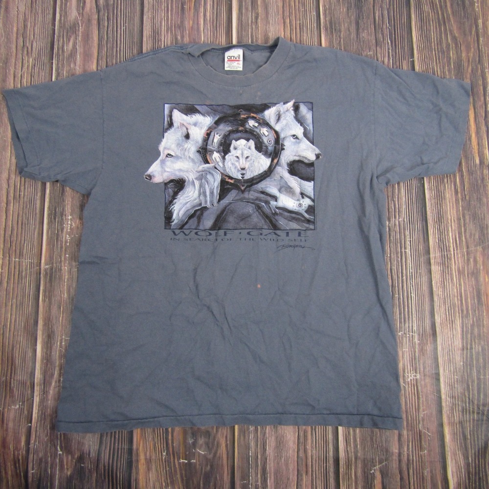 Vintage Wolf‎ Gate Shirt Mens XL Gray Graphic Wolves Nature Art Tee Anvil 90s